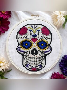 Sugar Skull Cross Stitch Kit with Hoop & Floss